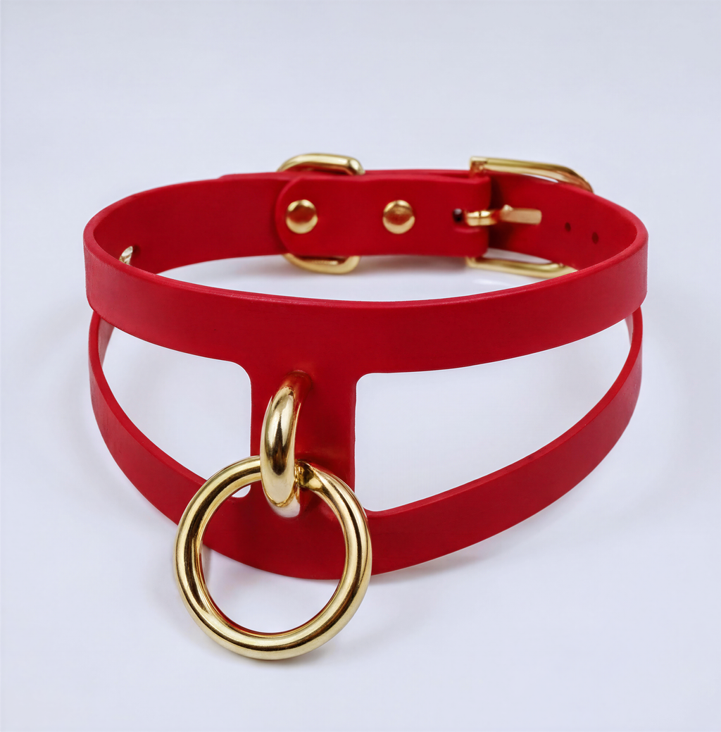 A red choker necklace with a gold ring and buckle detail.