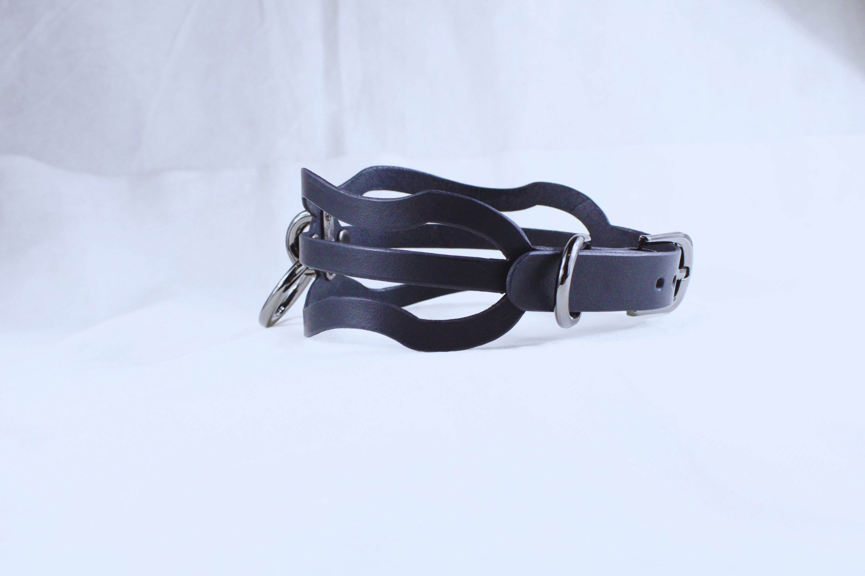 A black leather collar with a metal buckle and a metal ring attached to it.
