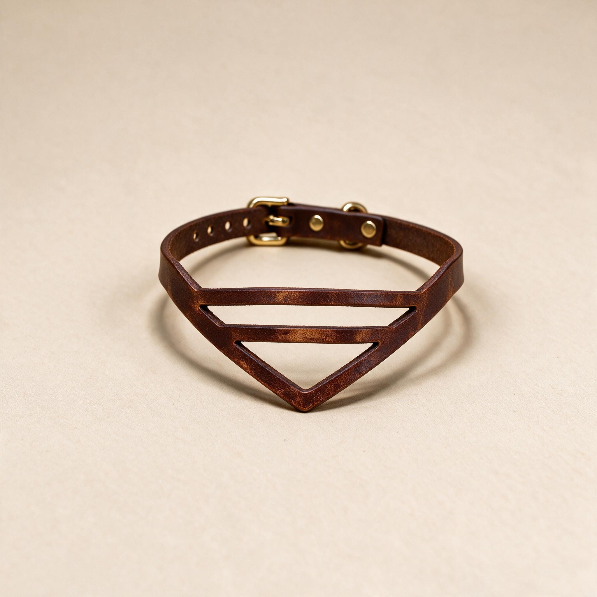 A brown leather choker necklace with a triangular cutout in the center.