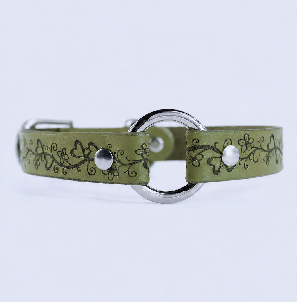 A green leather collar with a floral design and metal ring.