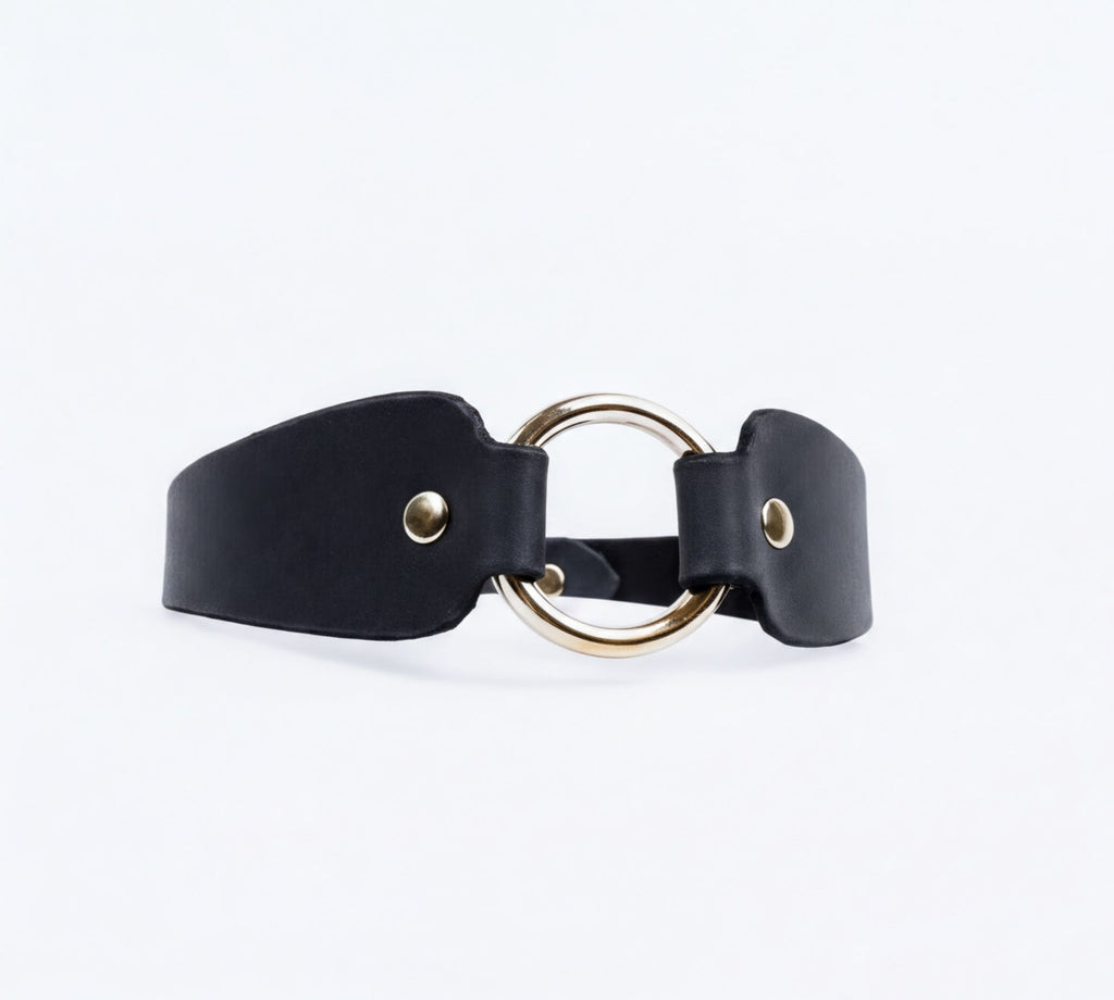 A black leather choker necklace with a gold-colored circular buckle.