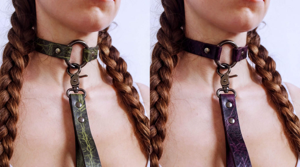 two close-up views of a person's neck and chest area, featuring a leather choker collar with metal rings and a leash attached.