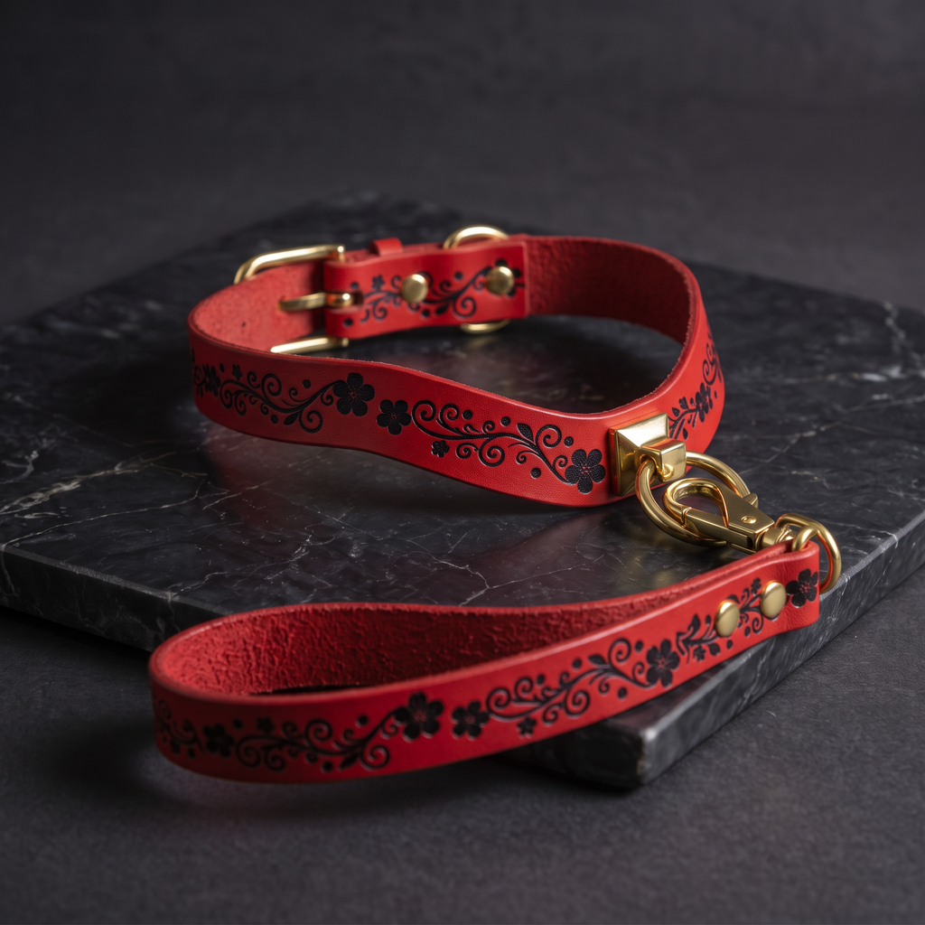A red leather dog collar with black floral designs and a matching red leash attached to it, resting on a black surface.