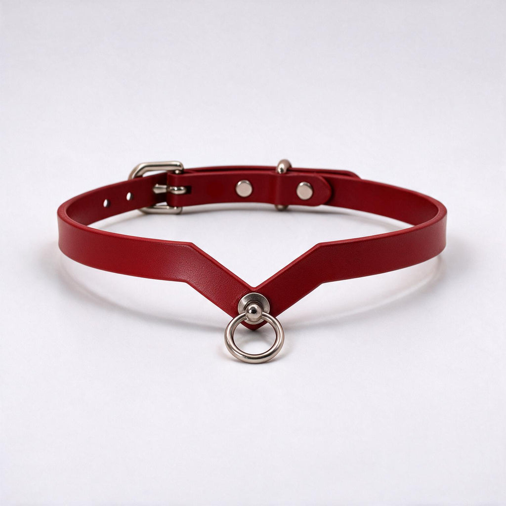 A red leather choker necklace with a metal ring and buckle.