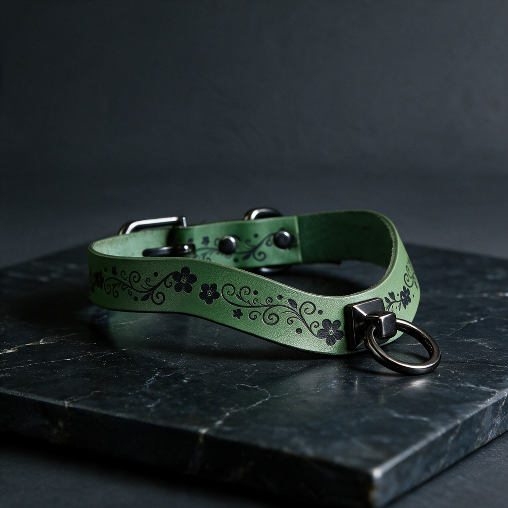 A green leather collar with black floral designs and a metal ring is displayed on a dark surface.