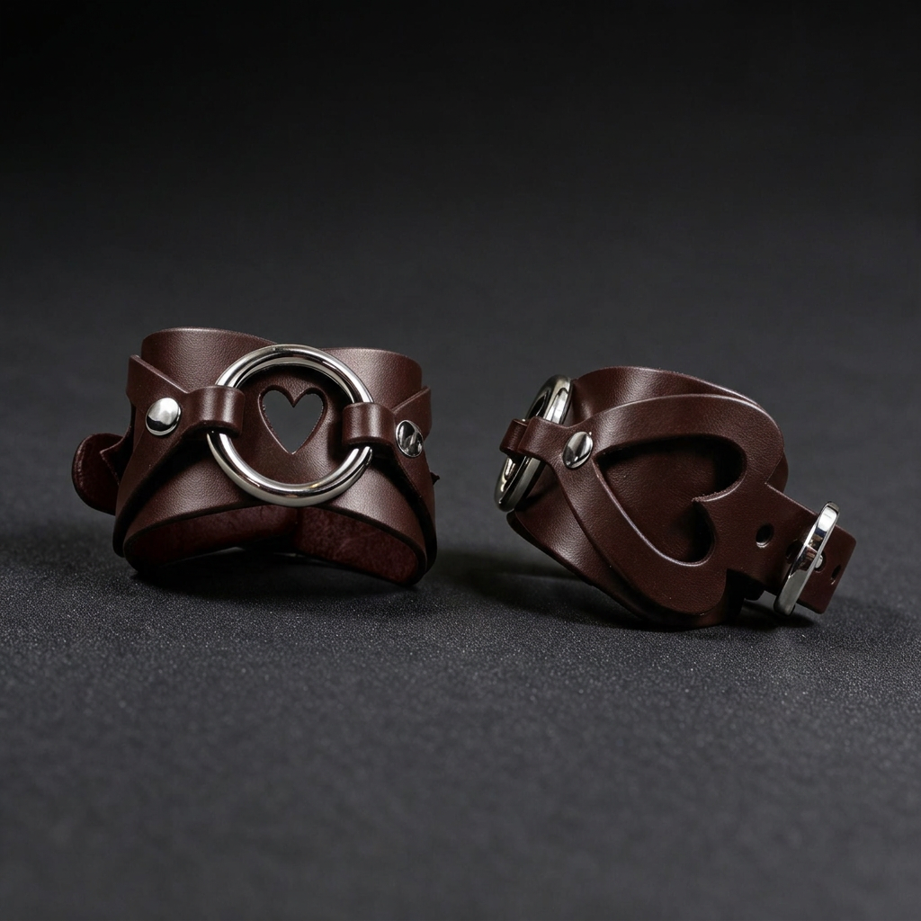 Two brown leather cuffs with heart-shaped cutouts are displayed against a dark background.