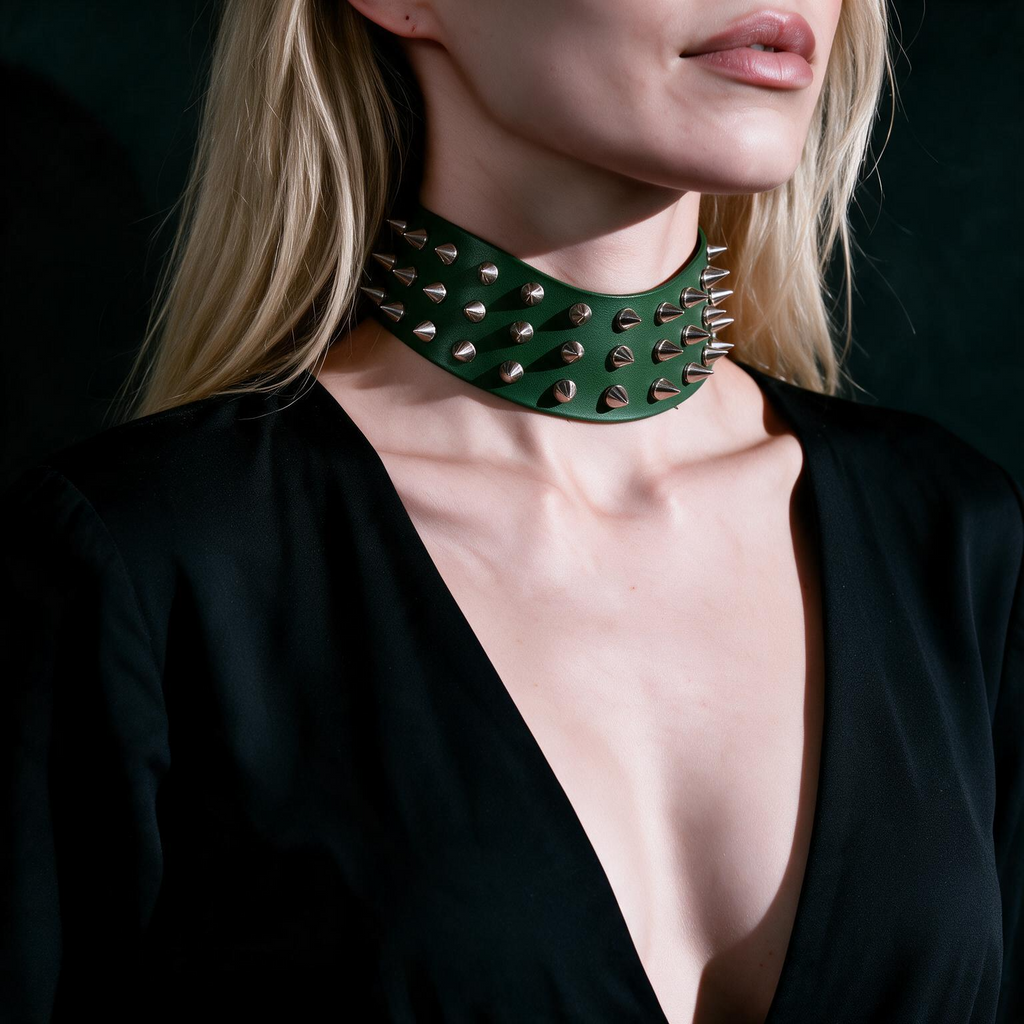 A close-up of a woman wearing a green choker necklace with spikes, against a dark background.