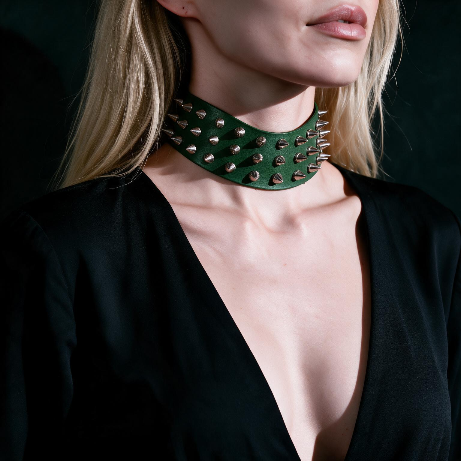 A close-up of a woman wearing a green choker necklace with spikes, against a dark background.