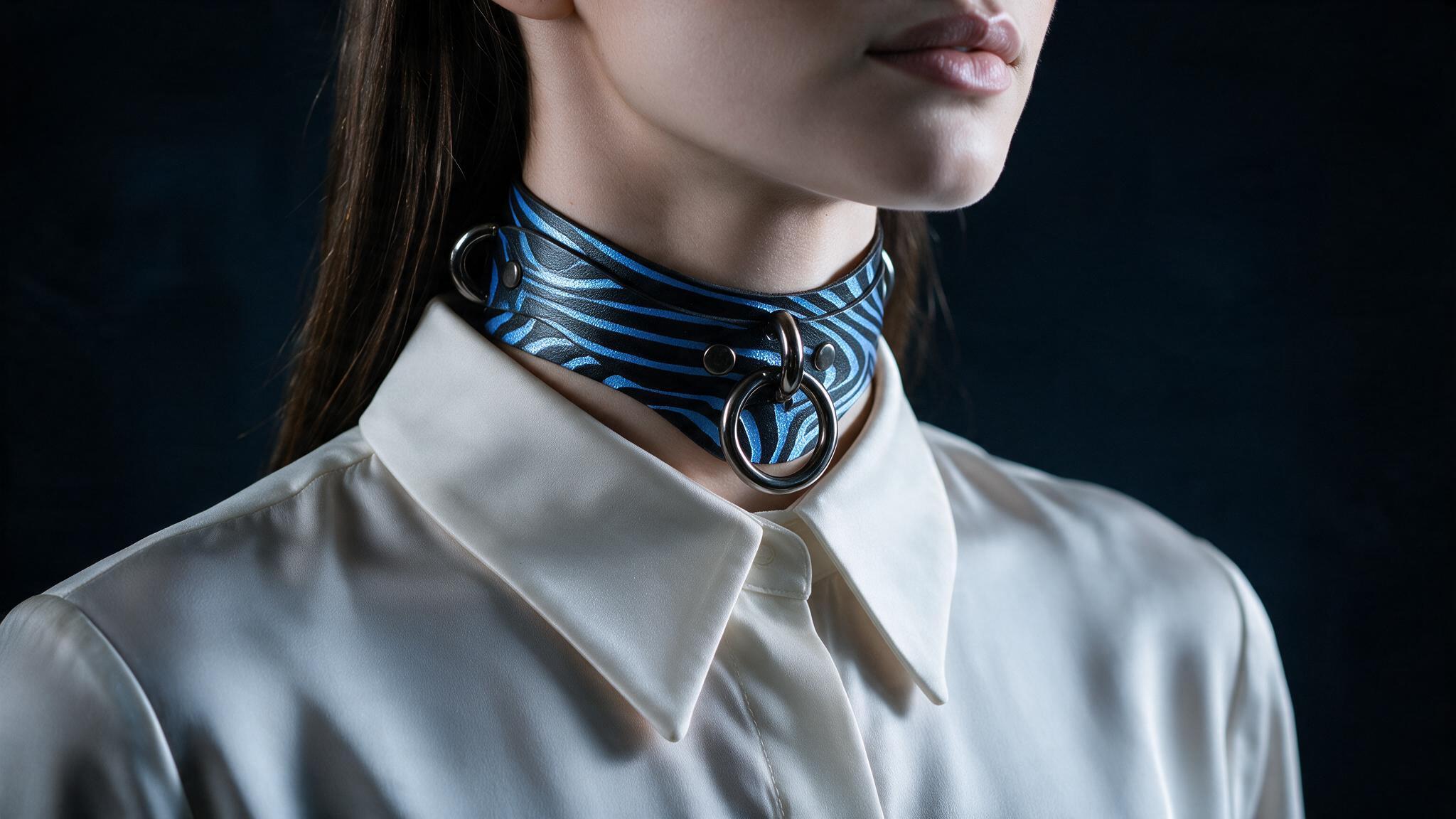 A close-up of a woman wearing a white collared shirt with a blue and black zebra print choker necklace.