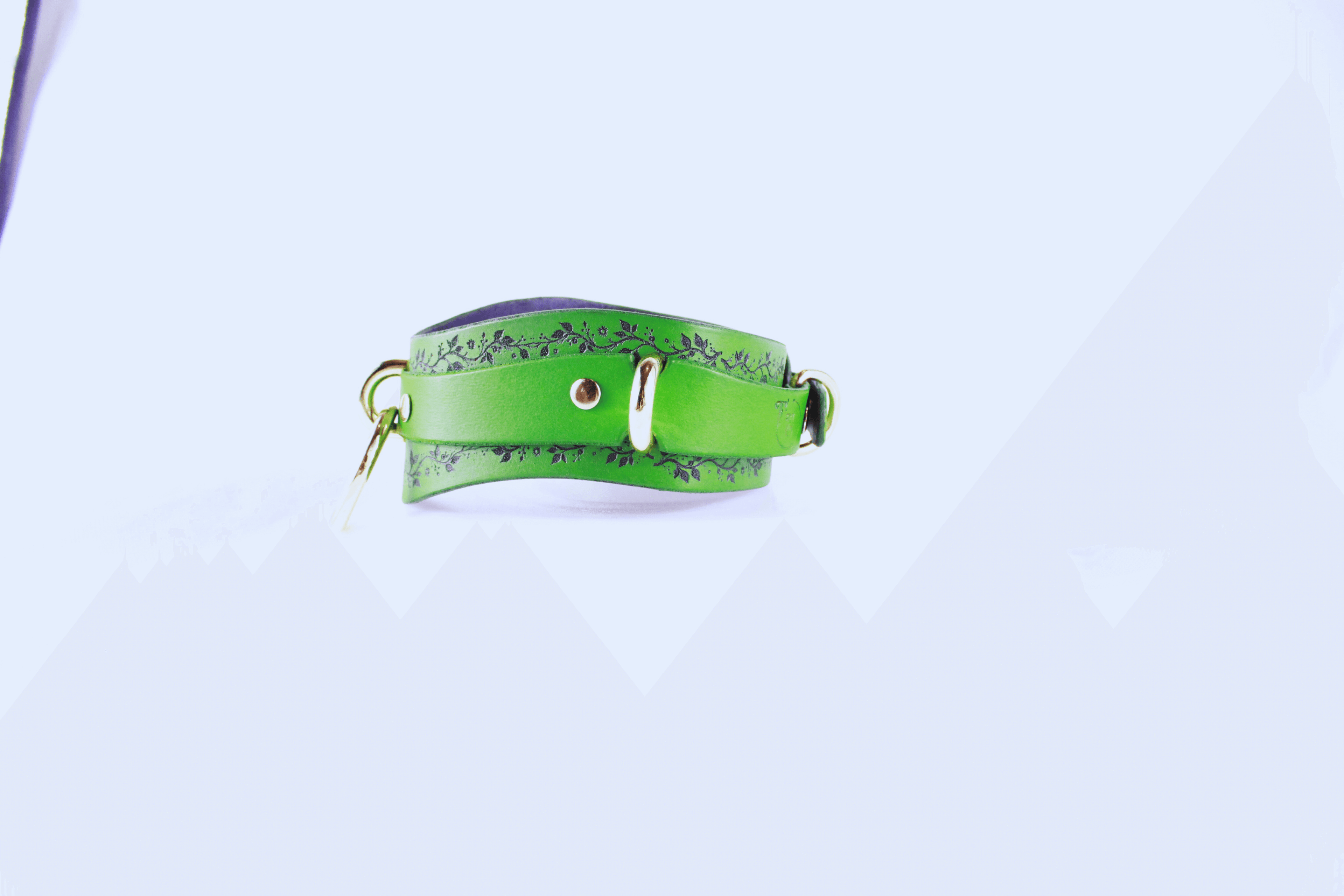 Green Vine Leather Submissive Collar with black vine pattern and polished rings.