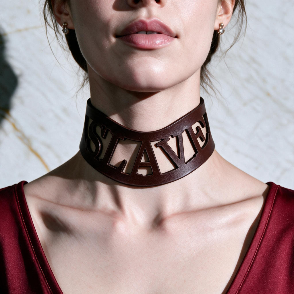 A close-up of a woman's neck and chest area wearing a large, dark-colored choker necklace with the word "SLAVE" prominently displayed on it.