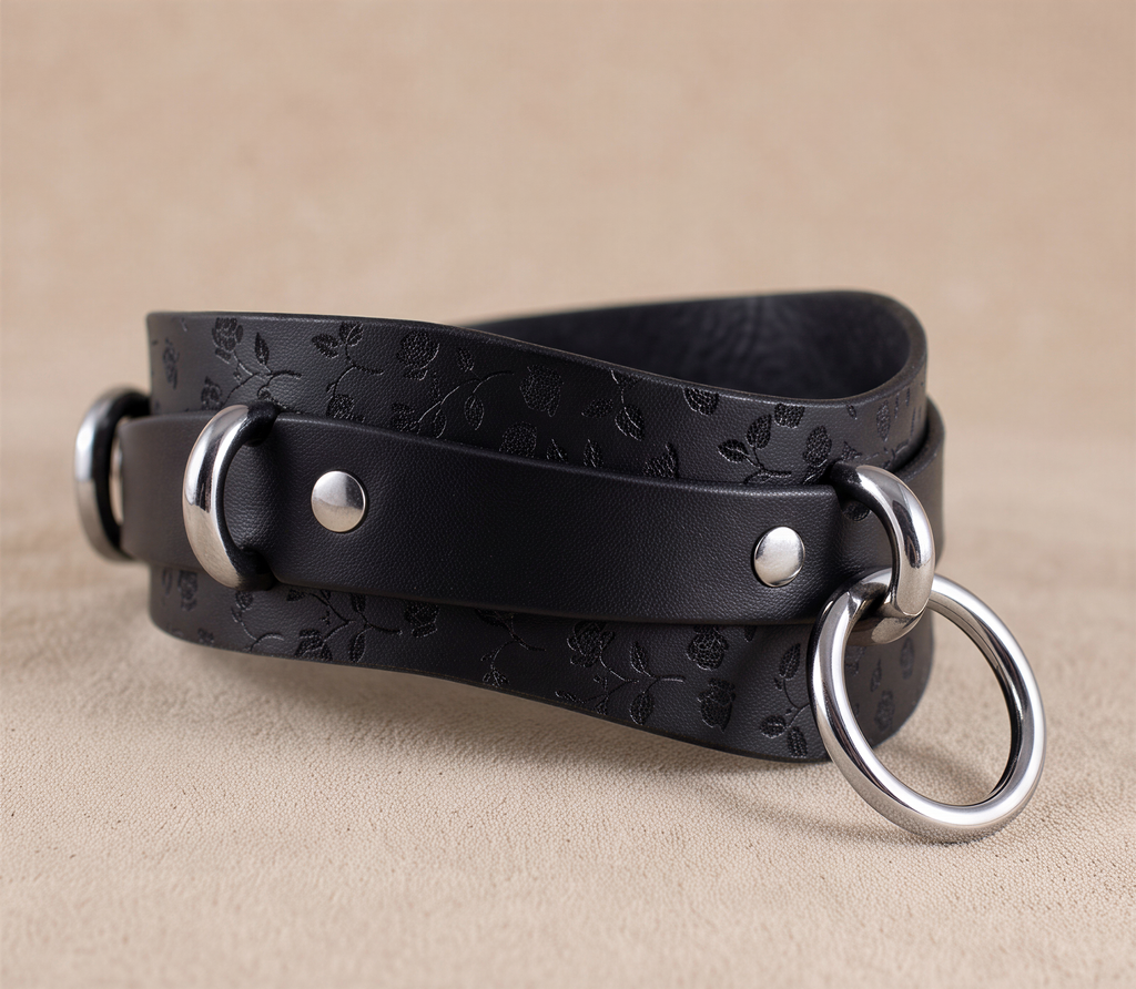 A black leather strap with metal rings and a floral pattern, resting on a beige surface.