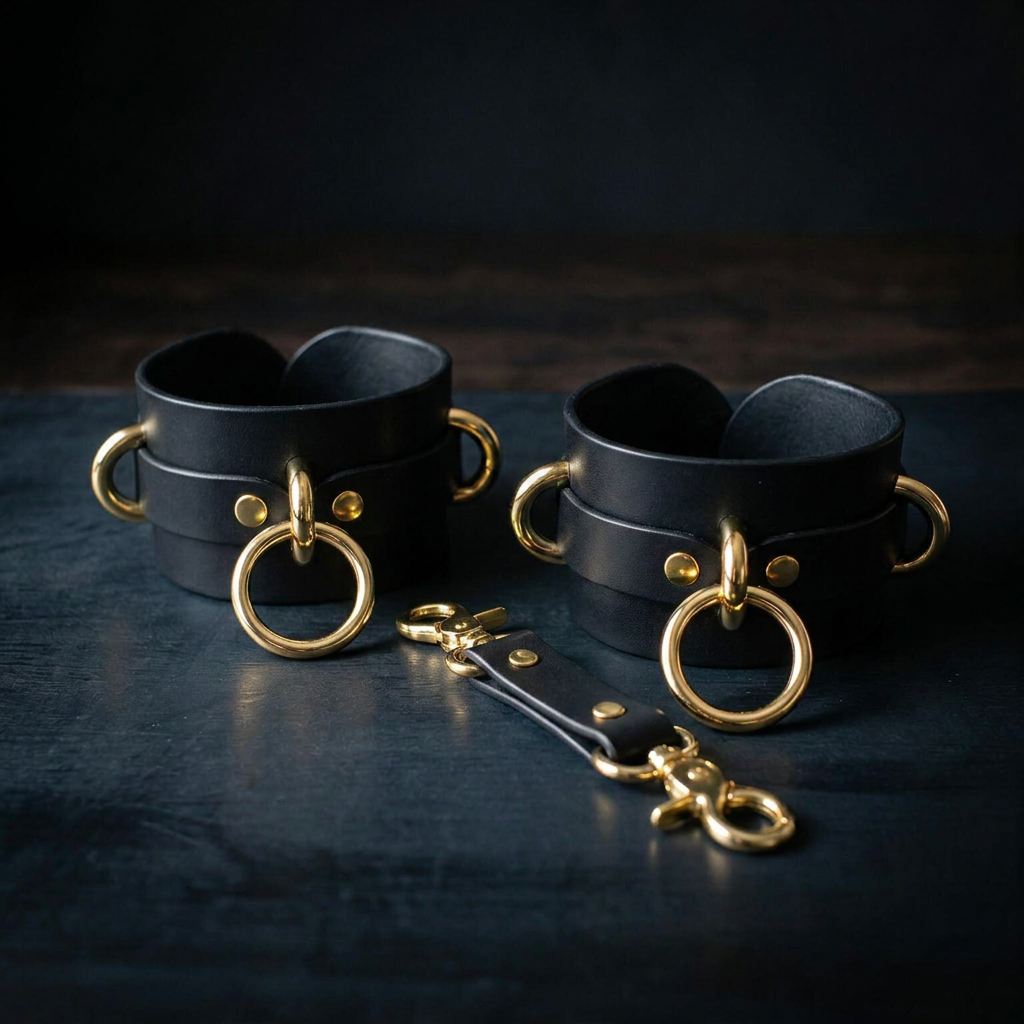 a pair of black leather cuffs with gold-colored metal rings and buckles, placed on a dark surface.