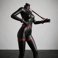 A mannequin wearing a black leather outfit with red straps and accessories, posing in a studio setting.