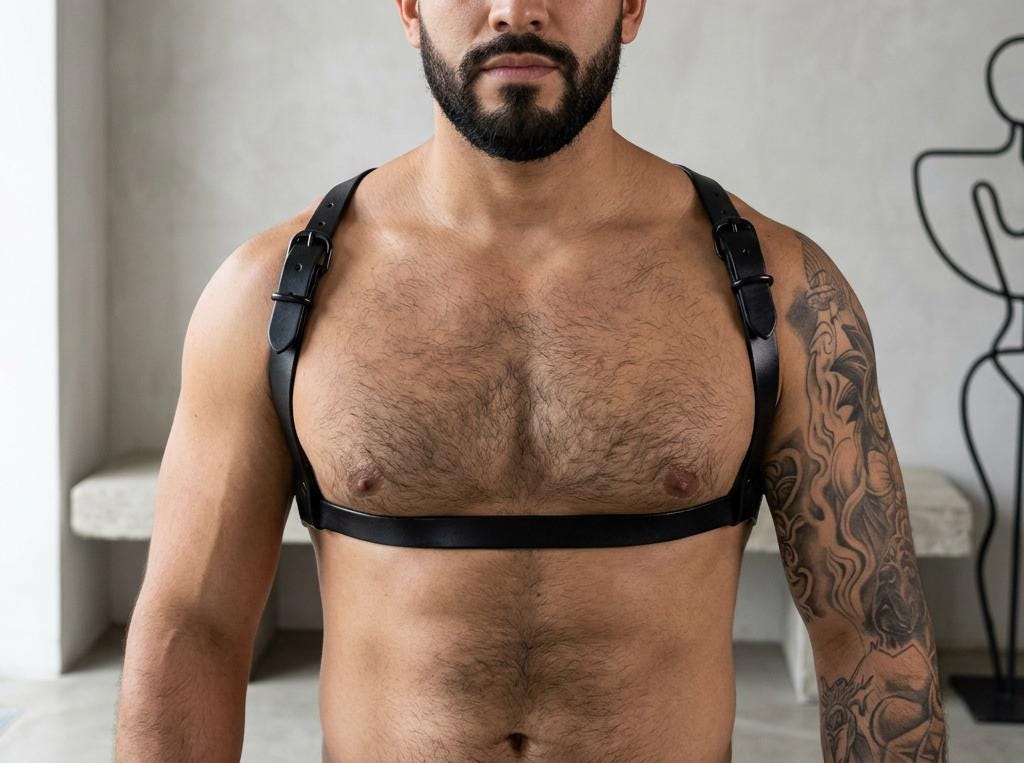 A man with a beard wearing a leather harness stands in a room.