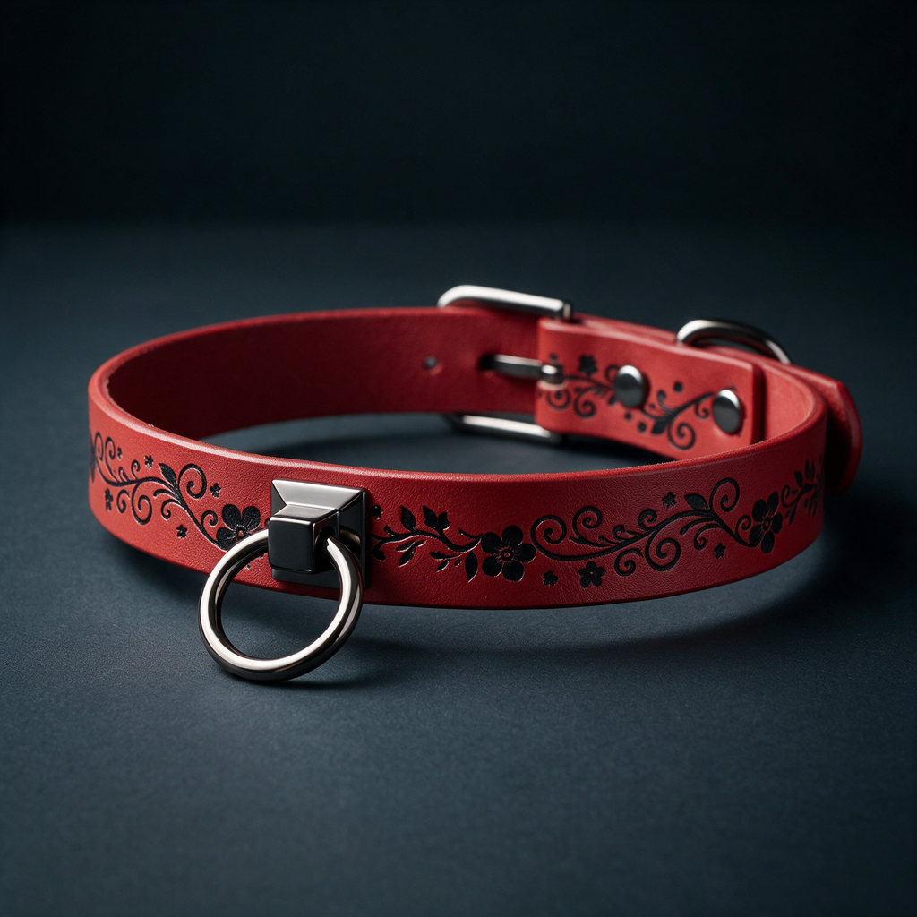 A red leather collar with a metal ring and decorative floral patterns on the surface.