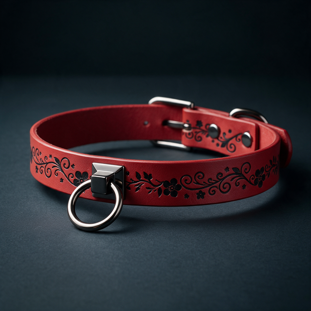 A red leather collar with a metal ring and decorative floral patterns on the surface.