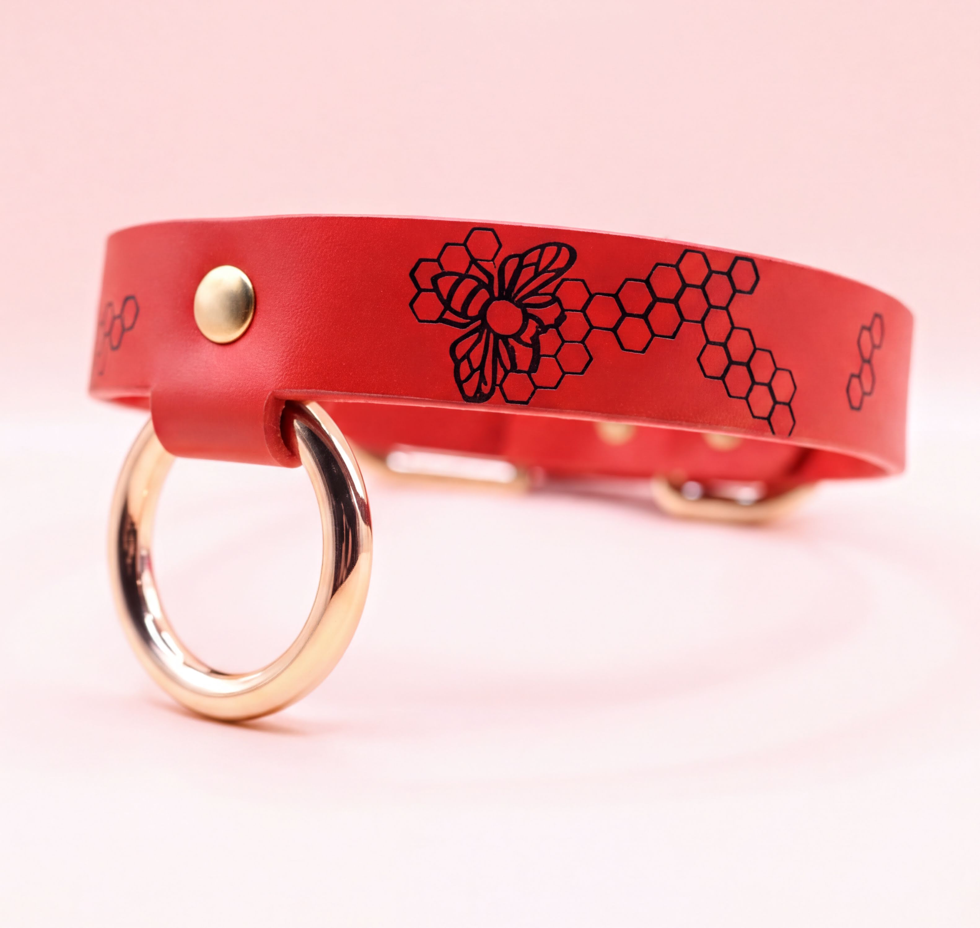 A red leather collar with a gold-colored metal ring and a black hexagonal pattern design.