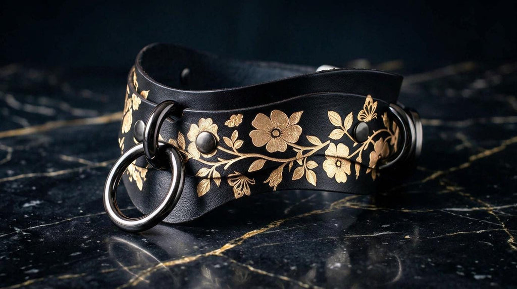 A black leather choker necklace with gold floral designs and metal rings on the ends.