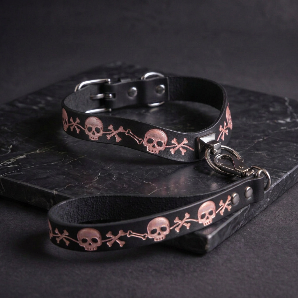 A black leather collar with a skull and crossbones pattern, and a matching leash attached to it, resting on a dark surface.