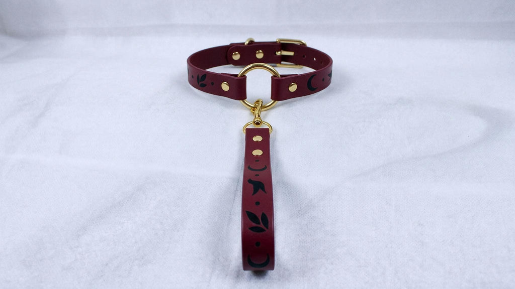 A burgundy leather collar with a gold-colored buckle and a dangling leash attached to it, resting on a white surface.