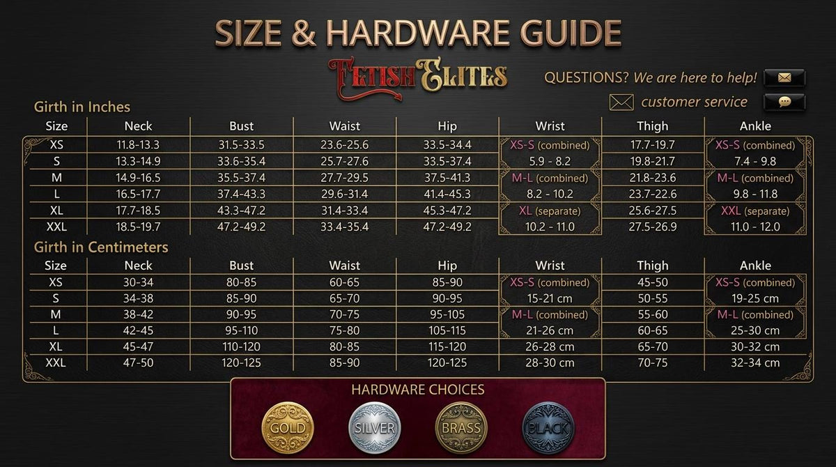 The image is a size and hardware guide for a product, likely a clothing item or accessory, with various measurements and corresponding sizes listed.