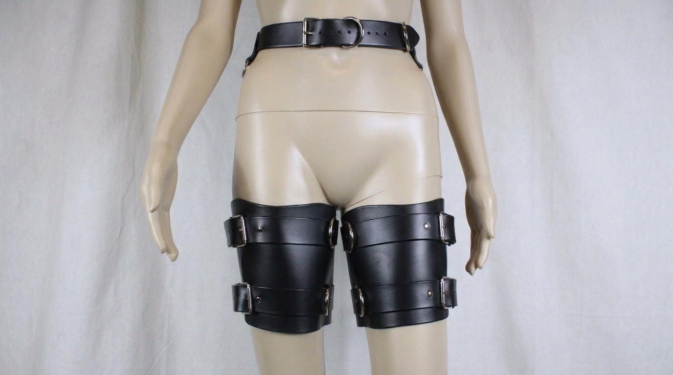 A mannequin wearing black leather knee pads with buckles.