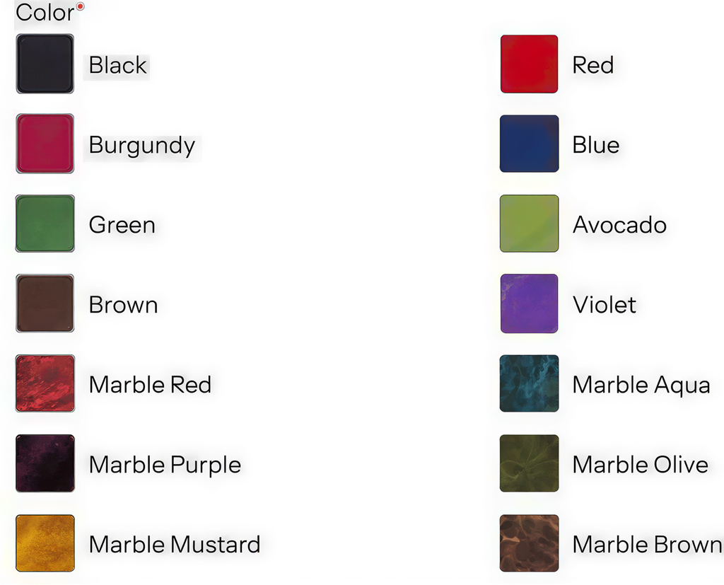 Color options for handmade spiked leather BDSM harness including black, burgundy, green, and various marble finishes.