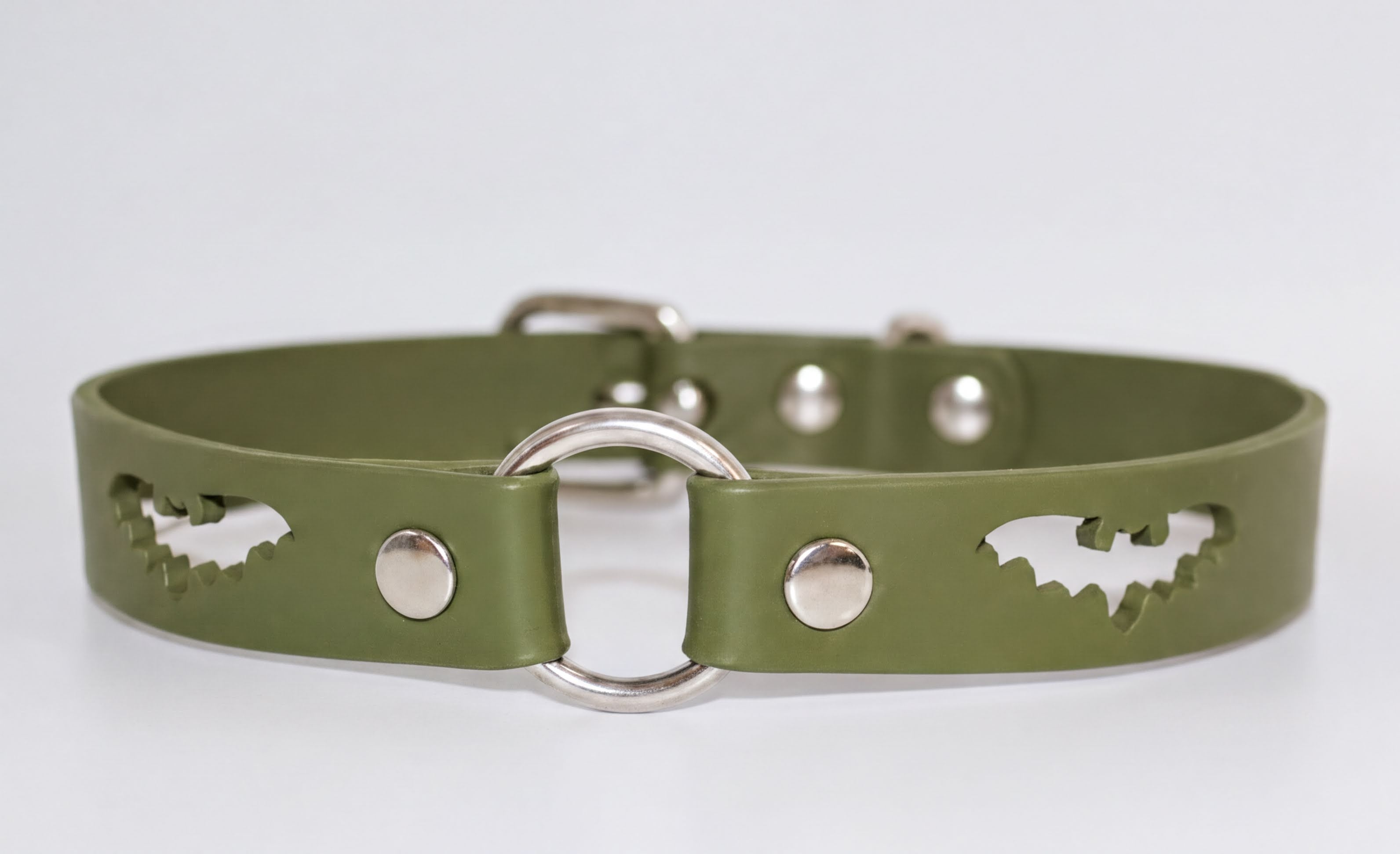 A green leather dog collar with a silver buckle and bat-shaped cutouts on the sides.