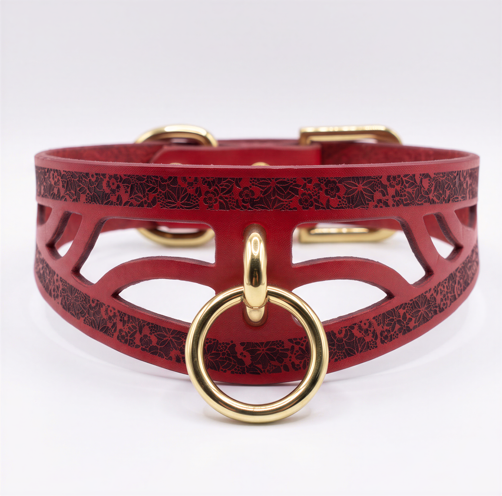 A red leather choker collar with a gold ring and buckle.