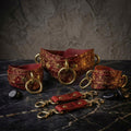 A set of ornate red leather straps with gold metal hardware, including rings and buckles, arranged on a dark surface.