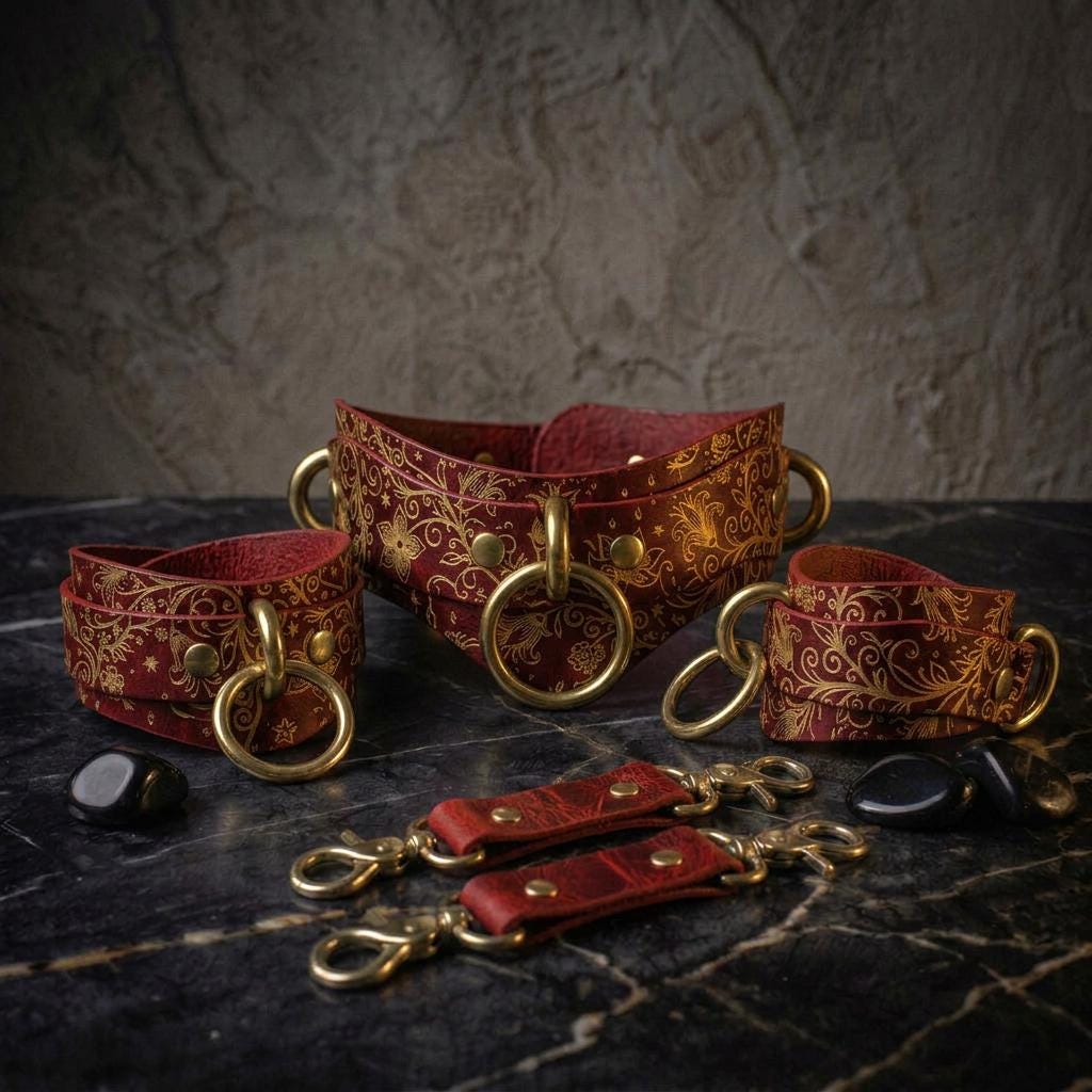 A set of ornate red leather straps with gold metal hardware, including rings and buckles, arranged on a dark surface.