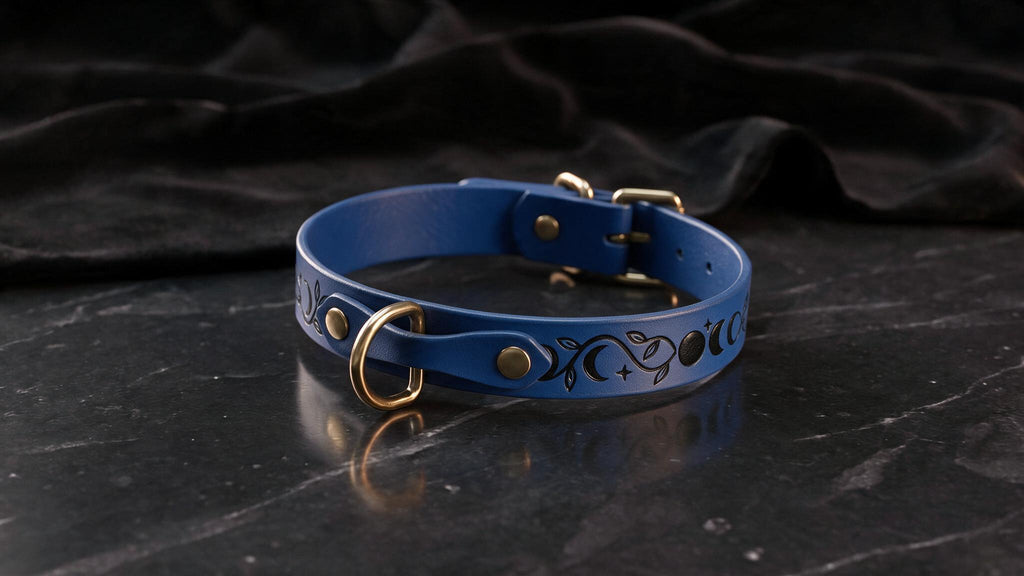A blue leather collar with a decorative pattern on it, placed on a black marble surface.