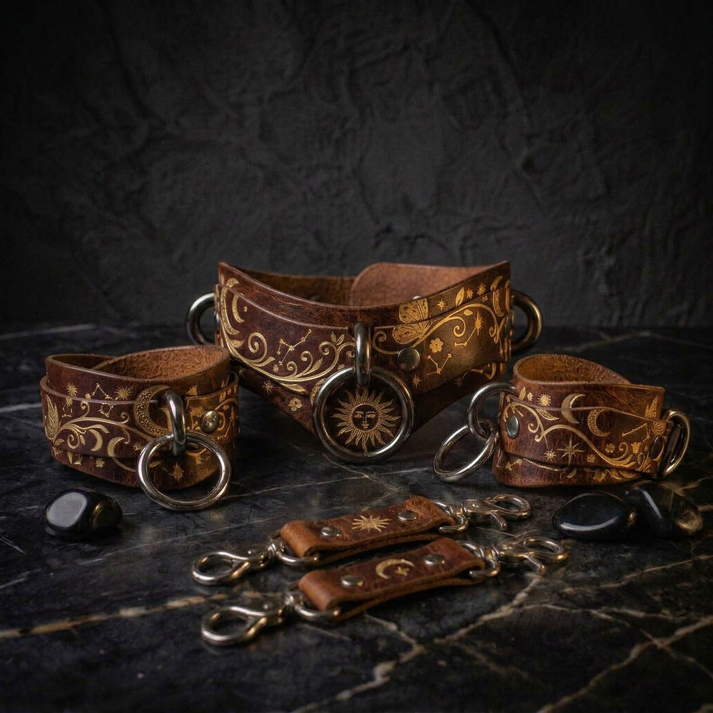 A collection of ornate leather straps and charms, including a large circular charm with a sun design, displayed on a dark surface.