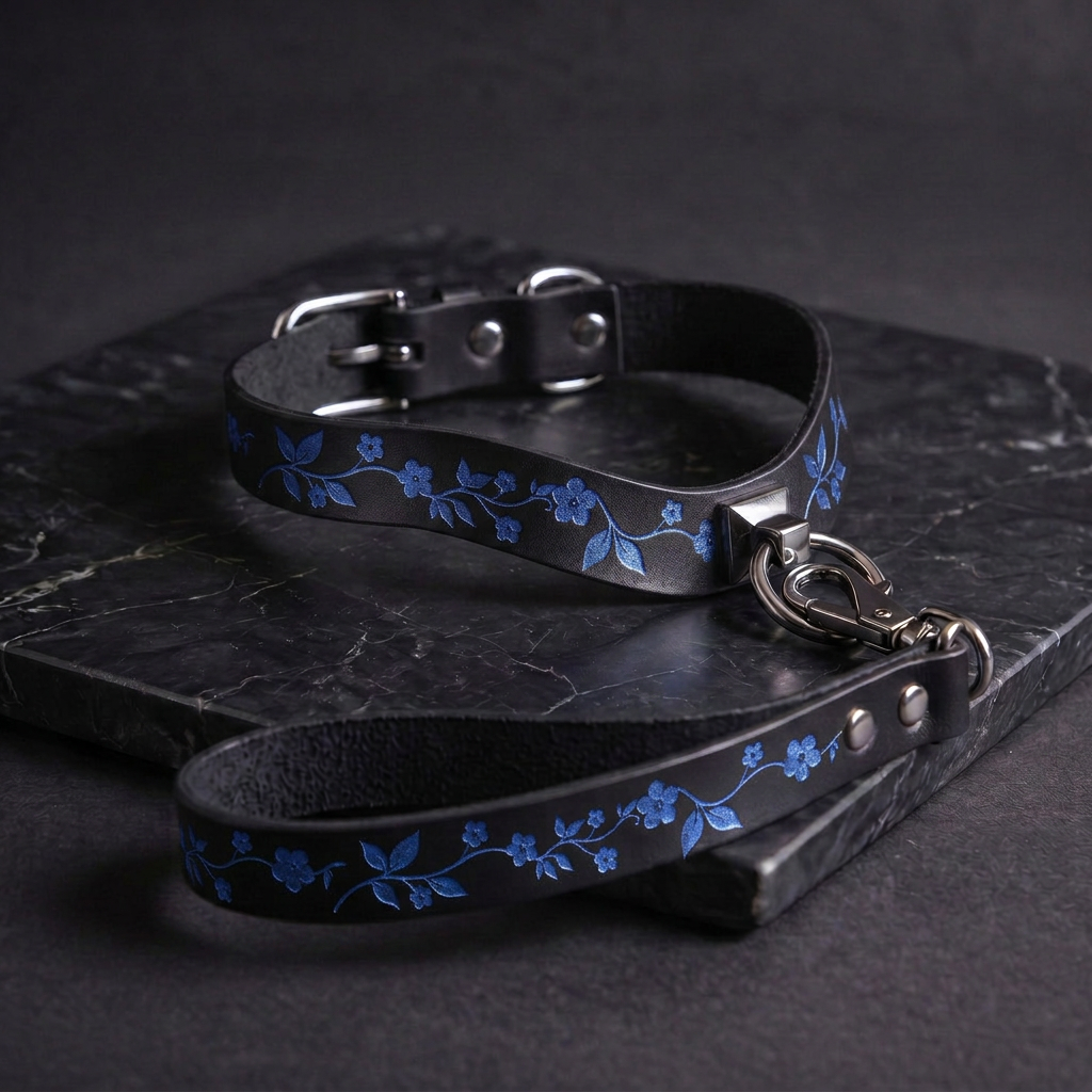 A black leather collar with blue floral designs and a matching leash are displayed on a dark surface.