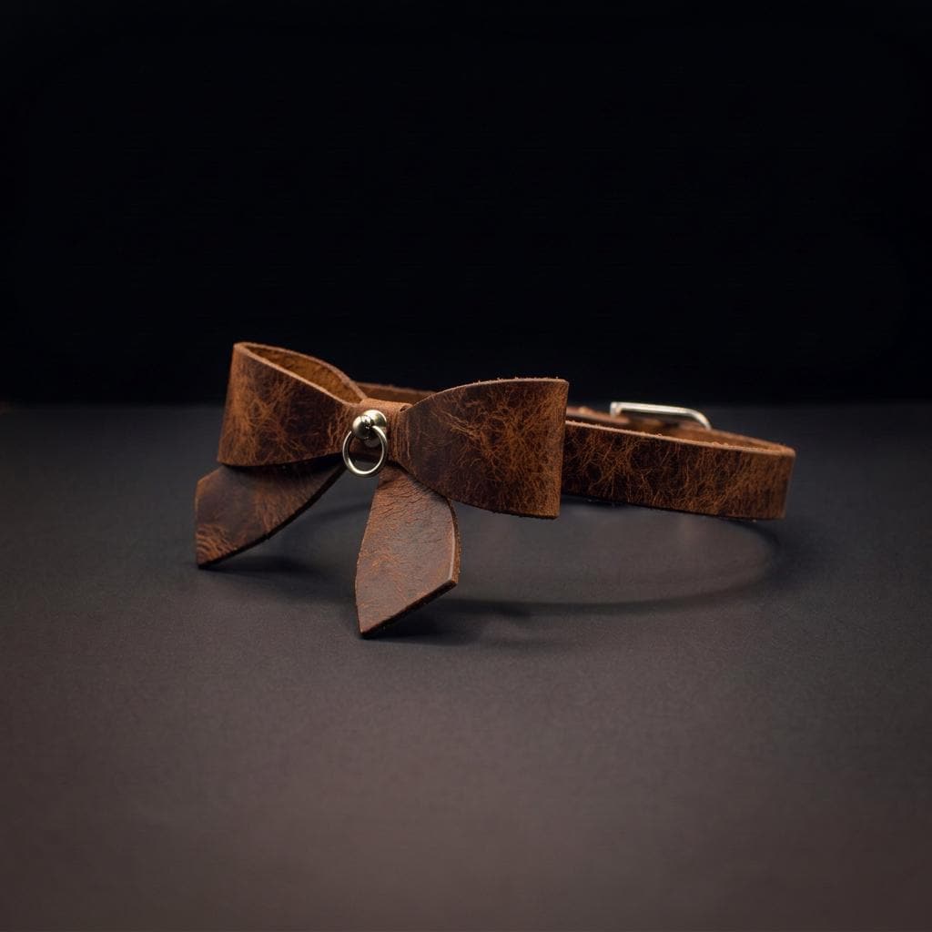 A brown leather bow tie with a metal clasp is displayed against a dark background.