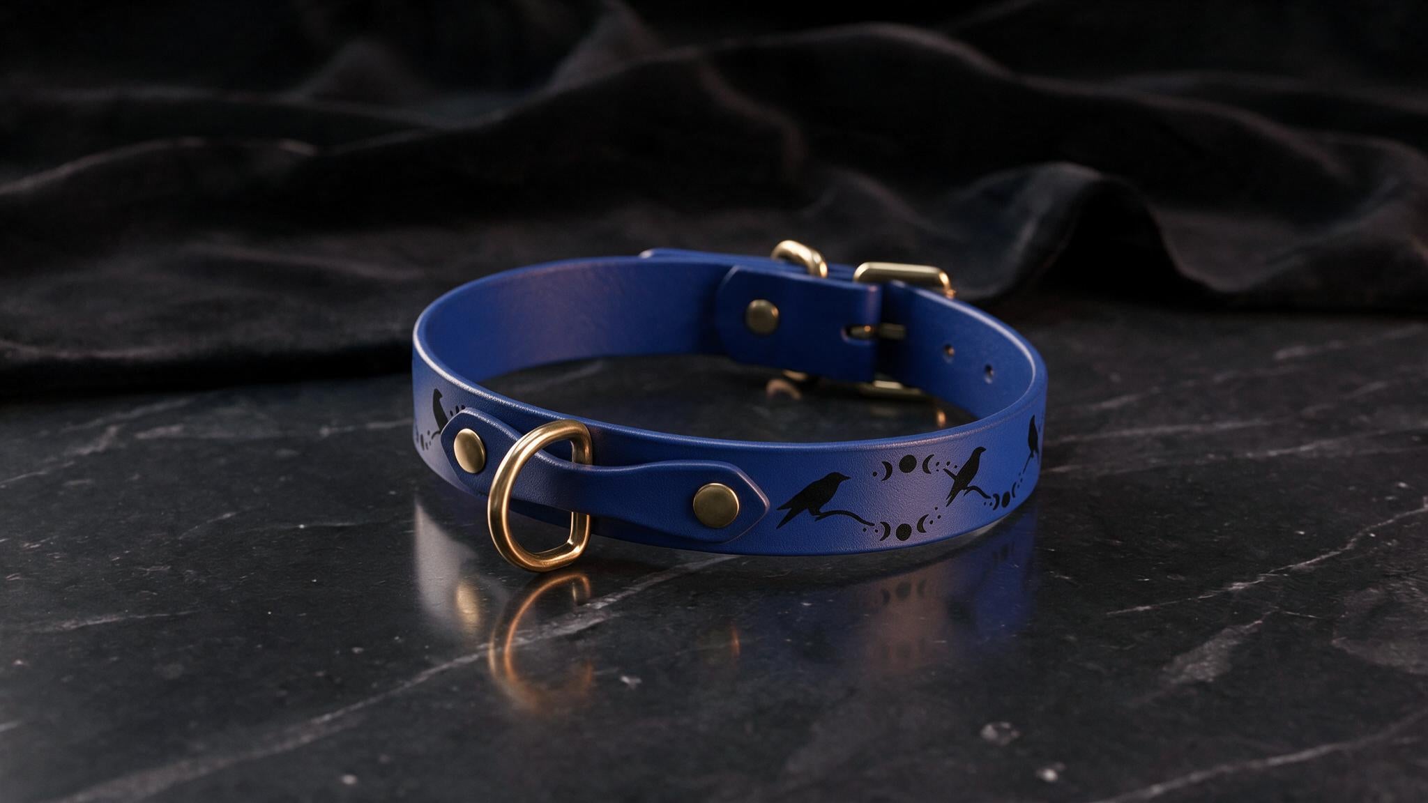 A blue leather collar with a gold-colored buckle and a design featuring black silhouettes of birds and moon phases.
