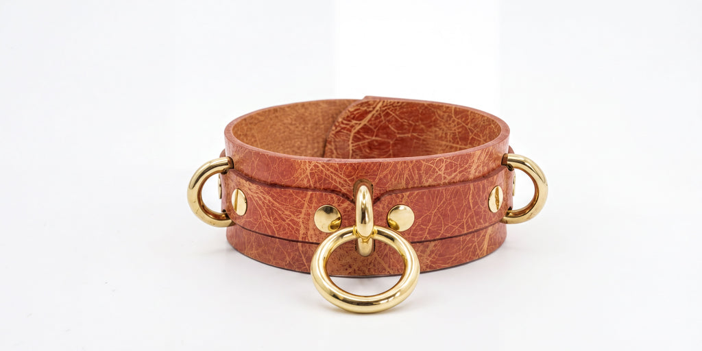 A brown leather choker necklace with gold metal rings and buckles.