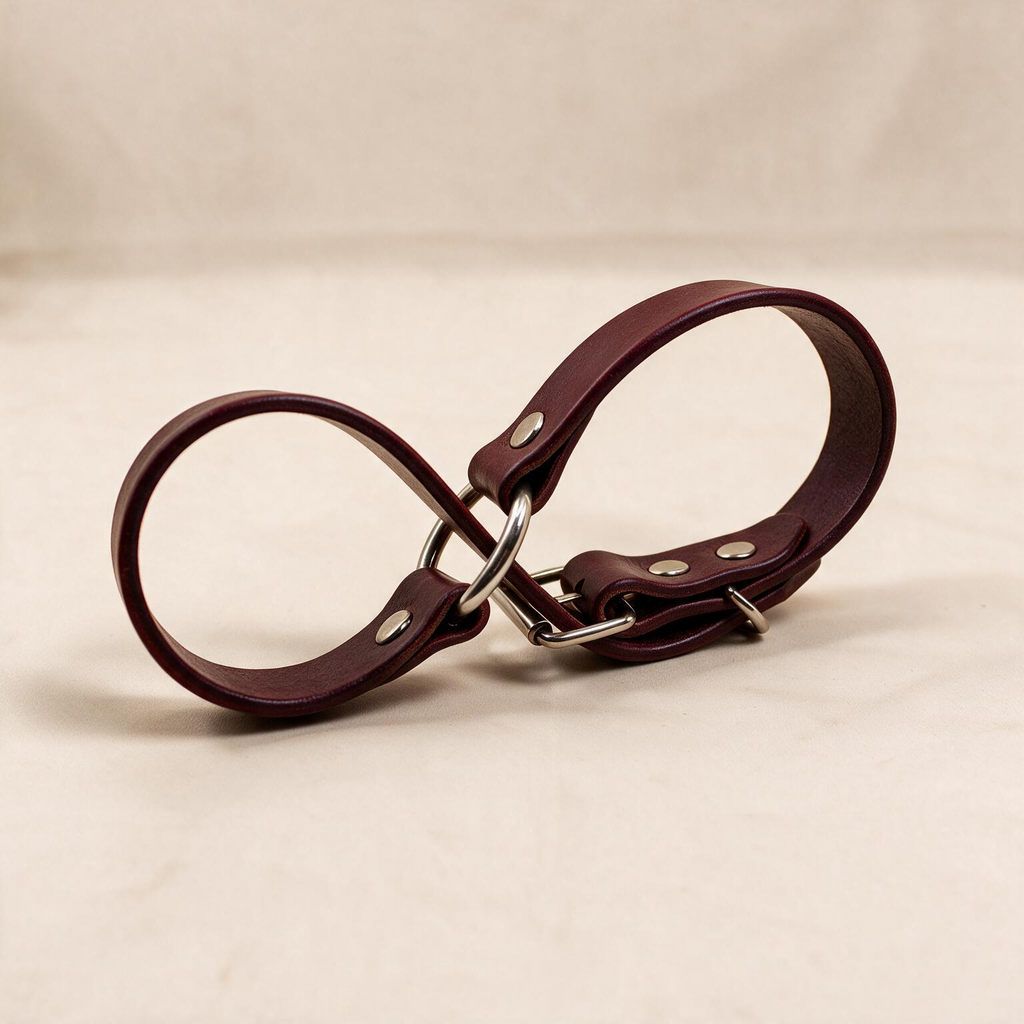 A burgundy leather strap with metal buckles and clips is shown in the image.