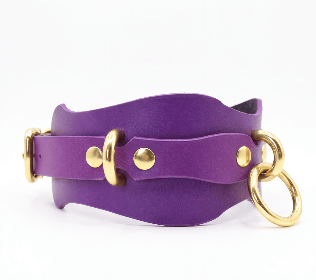 A purple leather choker collar with gold hardware, including a buckle and two rings, is shown against a white background.