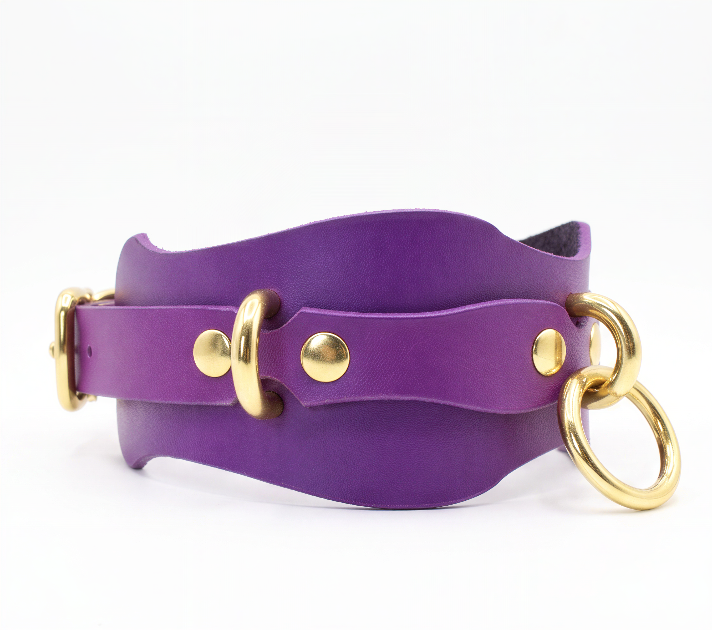 A purple leather choker collar with gold hardware, including a buckle and two rings, is shown against a white background.