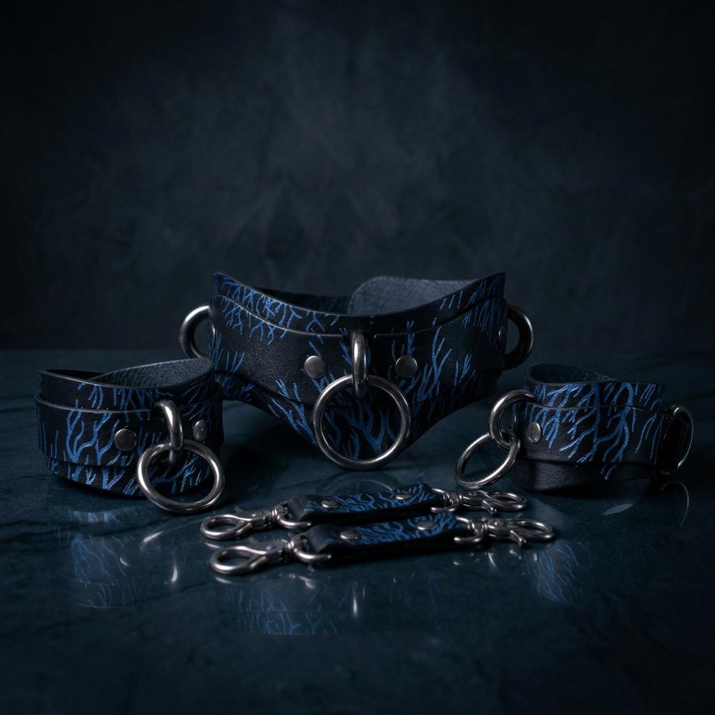A collection of dark blue leather straps with metal rings and buckles, arranged on a dark surface.