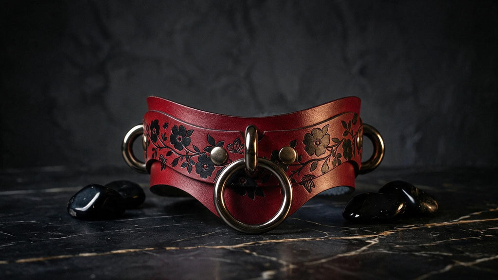 A red leather choker necklace with black floral designs and metal rings is displayed on a black marble surface, accompanied by black stones.