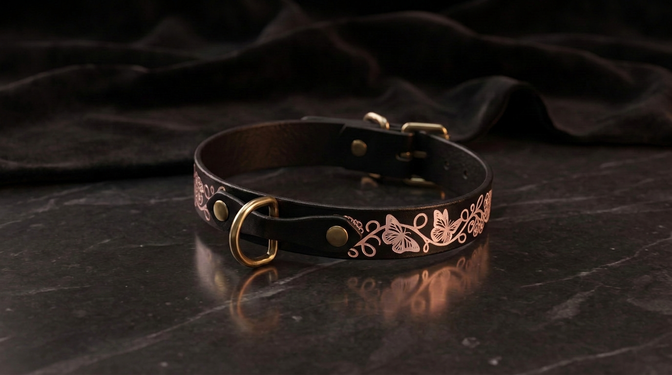 A black leather collar with a gold-colored metal buckle and floral design on a dark background.
