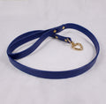 A blue leash with a gold heart-shaped charm attached to it.