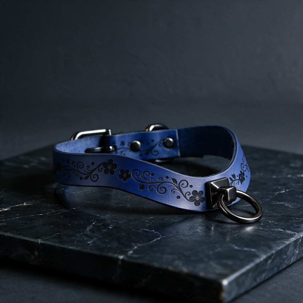 A blue leather choker collar with a floral design and a metal ring on the front, resting on a dark surface.