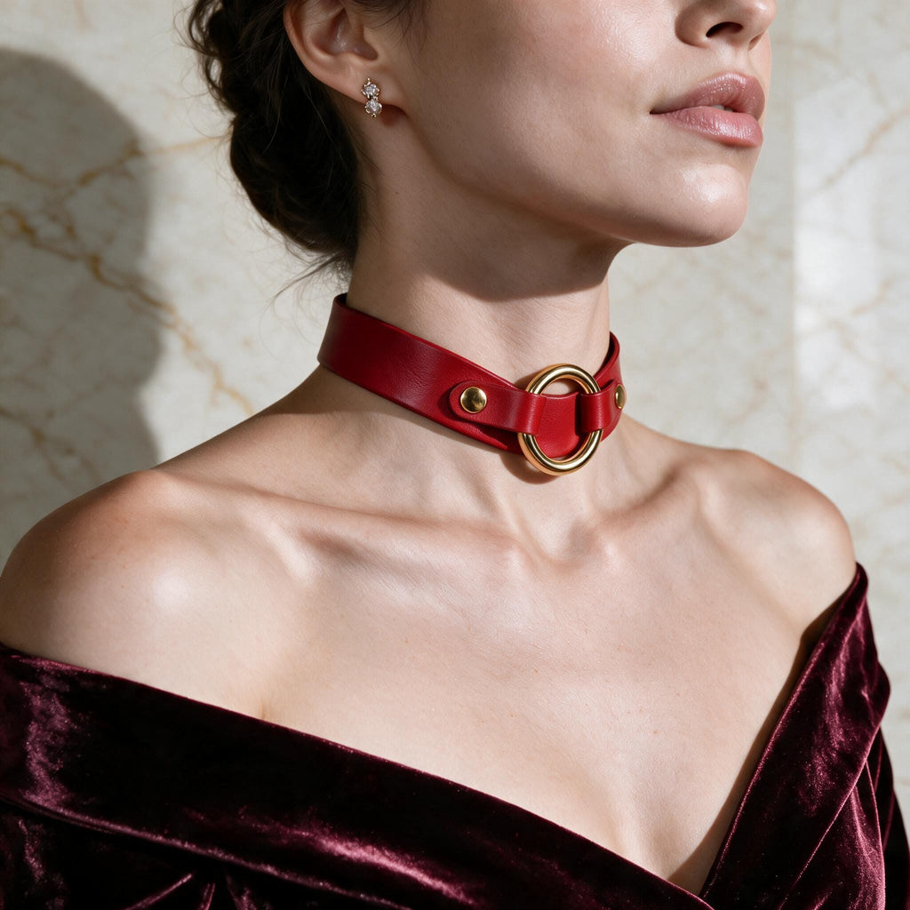 A woman wearing a red choker necklace with a gold ring, posing against a marble wall.