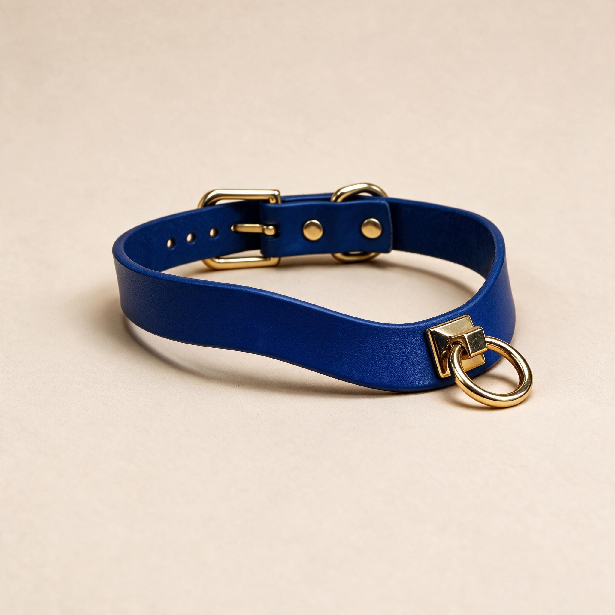 A blue leather choker necklace with a gold-colored metal ring and buckle.