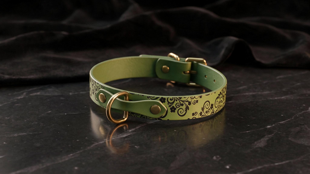 A green leather collar with a gold-colored buckle and decorative pattern on it, resting on a black marble surface.
