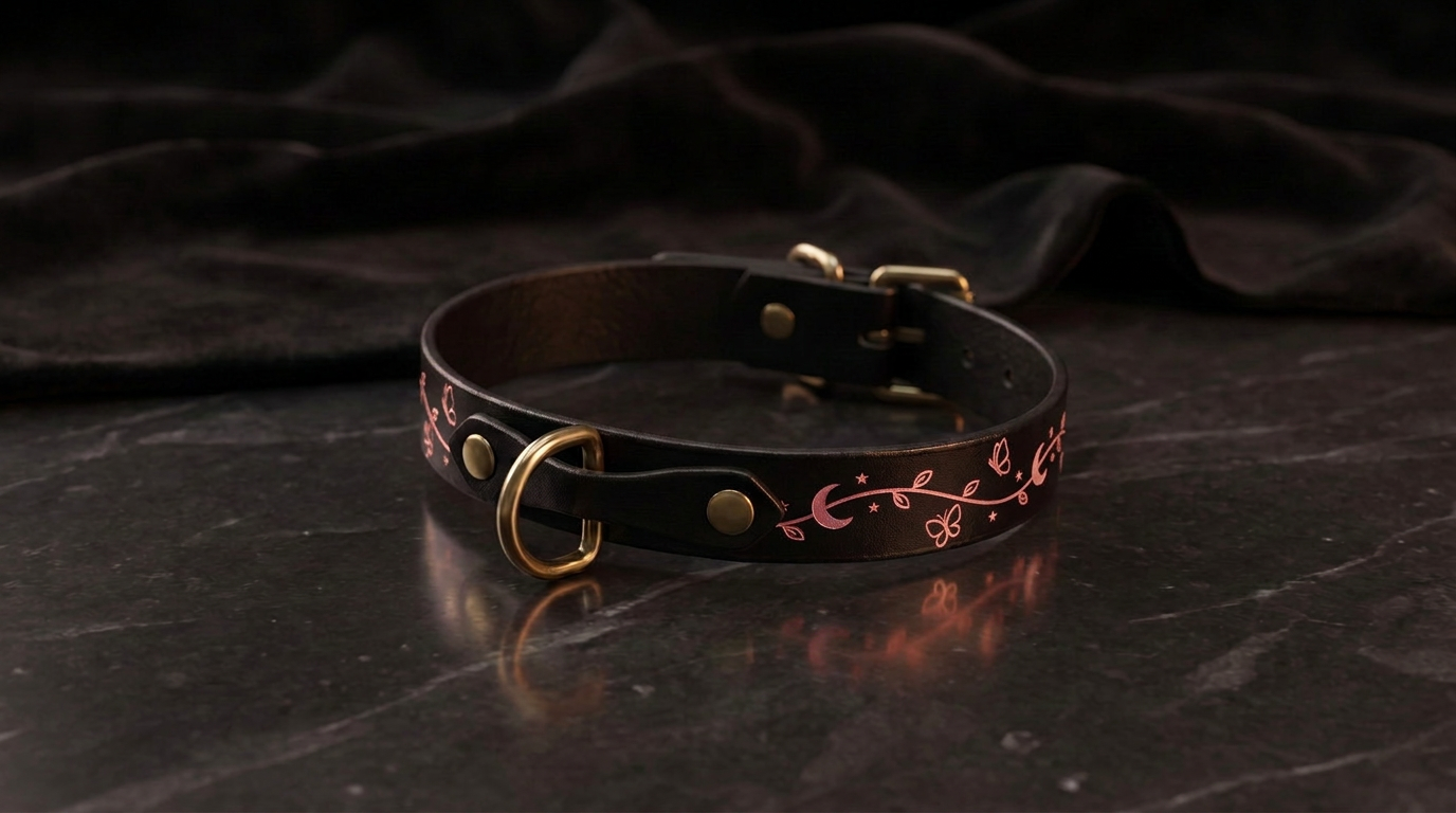A black leather collar with a floral design and a gold-colored buckle is displayed on a dark surface.